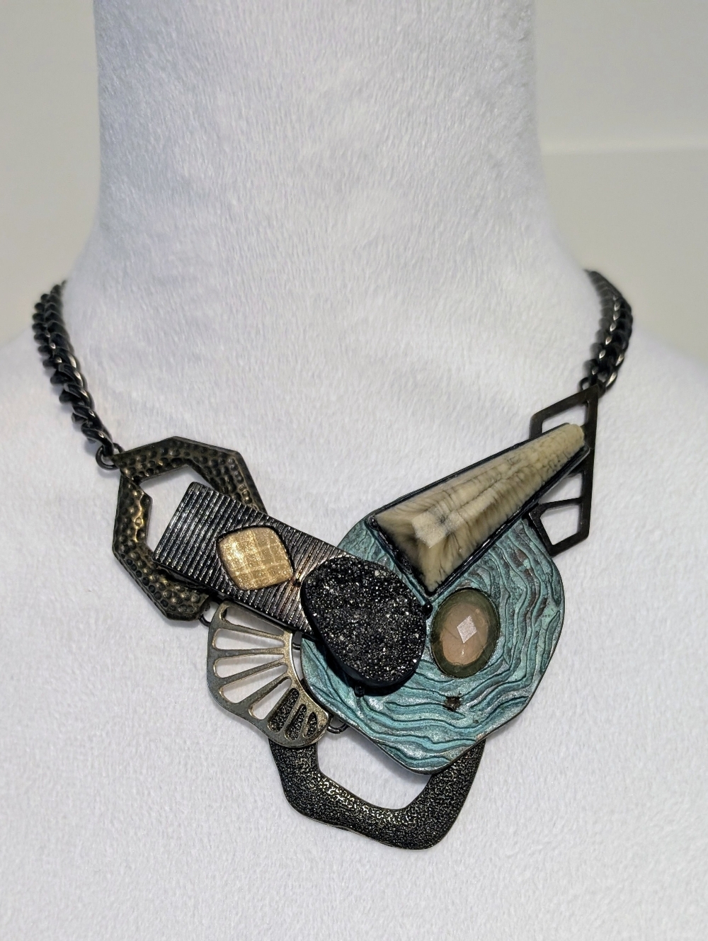 Avant-garde Brutalist Artsy Pyrite Drusy Bronze Choker